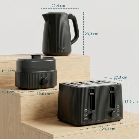 1,7L Schnellkoch-Wasserkocher und 4-Scheiben-Toaster-Set, Eierkocher für 6 Eier mit Kontrollleuchte Schwarz (1/5)