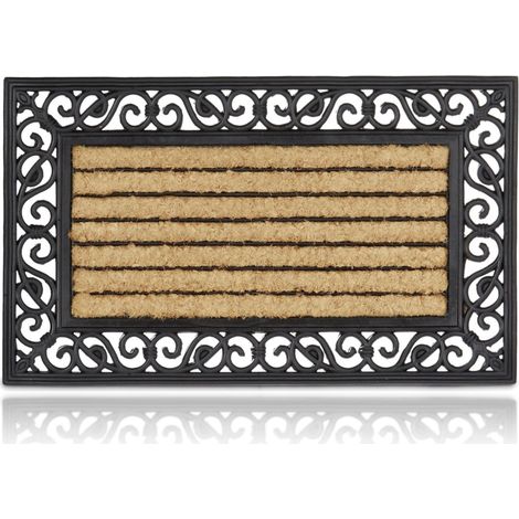 Relaxdays Felpudo rectangular con rayas para la entrada, 2x75x45cm, Fibra de coco y PVC, antideslizante, natural y negro (1/5)
