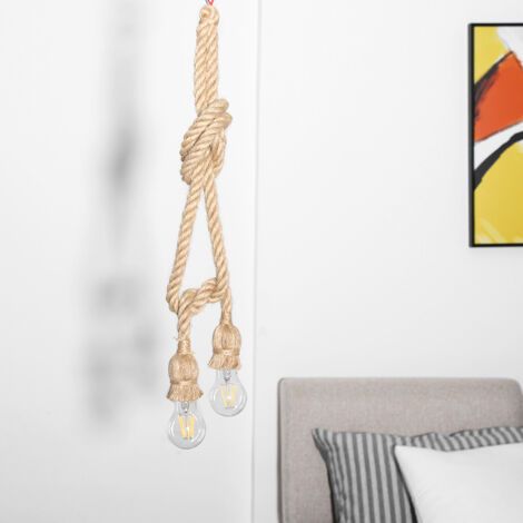 Suspension Vintage en Corde de Chanvre, 2m E27 Rétro Suspension Corde Plafonnier Base Luminaire Titulaire 85-265V (2 têtes)