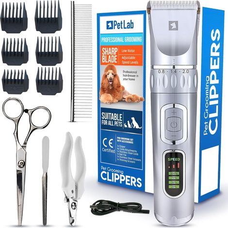 Tondeuse Chien Poil Long Épais Professionnelle Animaux Tondeuse Chat Poils Longs Noeud Toilettage Chien Électriques et Peignes Silencieuse (12 Pièces, Céramique et Titane, Silver, Black) (1/5)