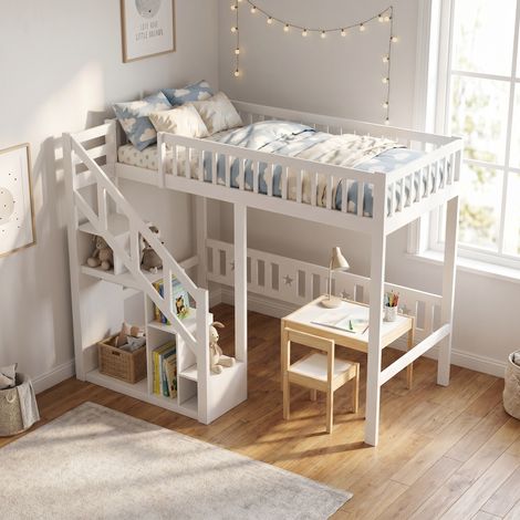 Letto a soppalco 90x200 cm con scala contenitore e area gioco, letto rialzato in legno, bianco