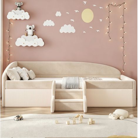 Gepolstertes Kinderbett 90x190 cm aus beigem Samt mit Stufen, platzsparend, ohne Matratze (1/5)