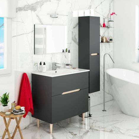 Conjunto de Muebles de Baño Moderno Lotto Color Gris Antracita y Roble (espejo+lavabo+columna suspendida)