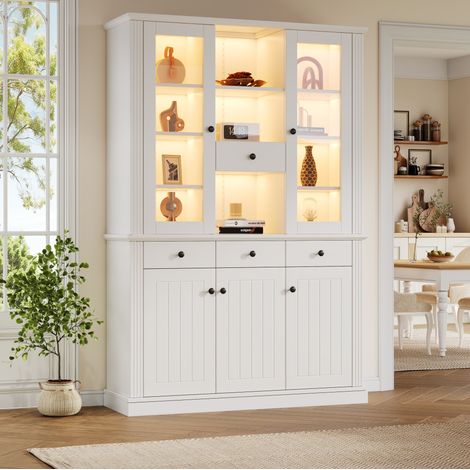 Vitrina alta salón 119,5 x 40 x 180 cm MDF blanco, 4 cajones, 5 puertas, 21 huecos y LED