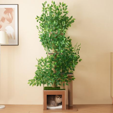 Arbre à chat en forme de sapin de 190 cm de haut avec 4 plateformes et trous pour chats – matériau sans danger pour les animaux, feuilles amovibles (1/5)