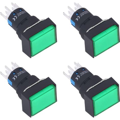 25 Stück Mikro-Quadrat-Drucktaster, ABS-Messing, selbstverriegelnd, mit Beleuchtung, 16 mm, 12 V, grün (1/5)