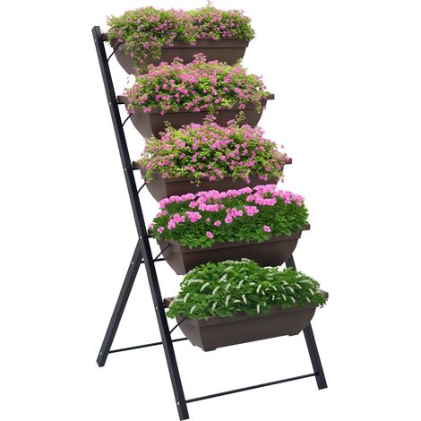 Hochbeet mit mehreren Ebenen, vertikaler Pflanzkasten mit 5 Blumenkästen, Abflusslöchern, braunem Stahlrahmen
