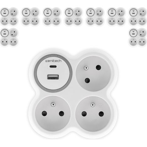 Lot de 5 prises 3x16A + 2 ports USB A/C - Blanc et Gris - Bolea - Zenitech