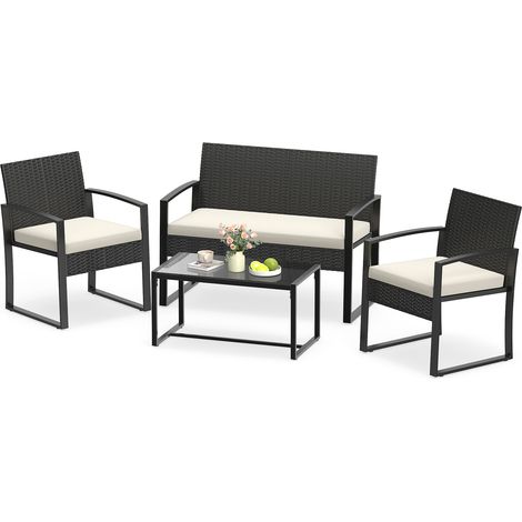 Salon de Jardin Exterieur 4 Personnes en Rotin, Table Basse avec Plateau en Verre Trempé, 2 Fauteuils, 1 Canape, pour Terrasse Balcon Patio, Beige (1/5)