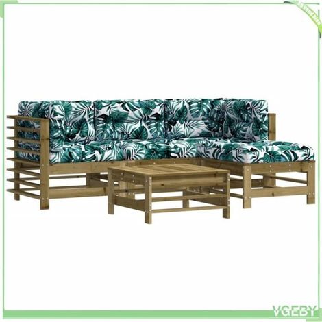 Salon de jardin 5 pièces - FAF EICY - Motif de feuilles - Bois de pin imprégné - Modulaire - Coussins rembourrés (1/5)