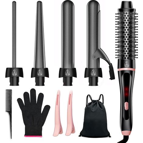 5 in 1 Curling Wire, Quick Heating Thermal Brush with 4 Interchangeable Ceramic Barrels (0.35"-1.25"), Fast Heating Double Voltage Travel Tools (1/5)