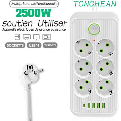 Multiprise Electrique,Bloc 6 Prises 2500W 10A 230V avec 4 Ports Chargeur (4 USB A+1 USB C) Prise Multi Parasurtenseur Parafoudre et Surtension avec Interrupteur Cable 2m-Blanc (1/4)