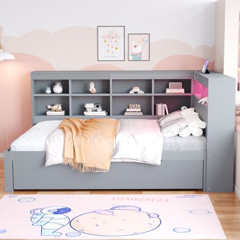 lit adulte 140 x 200 cm multifonction en bois gris avec rangements, USB et LED (1/5)