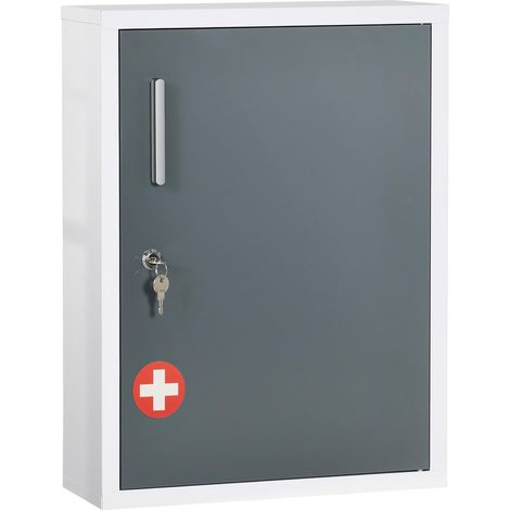 Armoire à pharmacie à 3 étagères avec serrure à clés, en acier, 40 x 15 x 53,5 cm, blanc et gris (1/5)