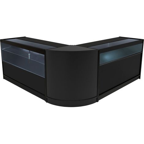 Set Mostradores Comerciales "ADONIS"  Negro  B1500+C1500+CM60  MDF y vidrio templado  Estantes y puertas corredizas con cerradura  Fácil Montaje  Mostrador Recepción Expositor Comercial Mesa (1/5)