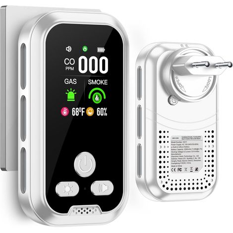 Plug in 5en1 Detecteur de fumée Détecteurs Monoxyde de Carbone Détecteur de Gaz Combo avec Batterie 2000mah & HD 2.1'' L'écran [Co Fumee Temp Moisture Monitor] pour Familial, Blanc