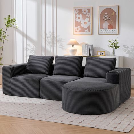 Canapé 2 Places - 265x176x60cm - Convertible avec 3 Coussins et 2 Porte-Gobelets - Velours Côtelé - Gris Foncé (1/5)