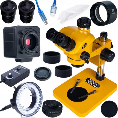 7-50× 102 mm Trinokularmikroskop mit 5-MP-USB-Kamera + 0,5×-Barlowlinse + 56x-LED-Beleuchtung  Professionelles Set für die Elektronikprüfung und -messung