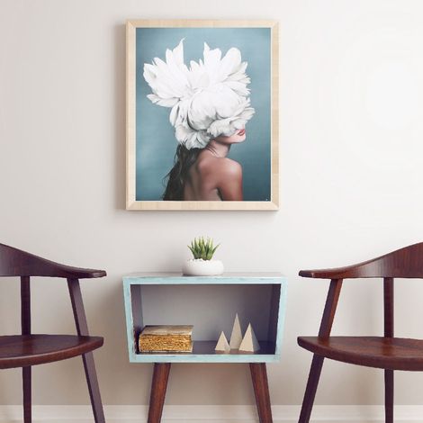 Tableau sur toile de style moderne représentant une plume et une jeune fille (40 x 60 cm), décoration murale pour salon. (1/5)