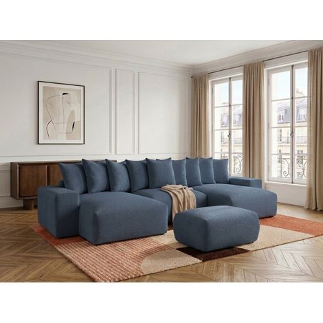 BOBOCHIC - Canapé panoramique convertible coffre VOLTAIRE tissu chiné avec pouf   Bleu foncé (1/5)