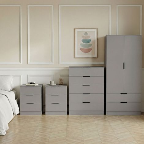Trega Bedroom Furniture Set 4pc – 2x 3 Drawer Bedside, 5 Drawer Chest & 2 Door Wardrobe, Grey