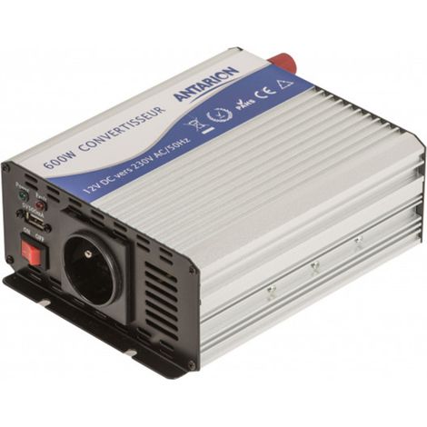Convertisseur de tension quasi sinus 600W 12V/230V – Port USB 5V 1A – Pinces fournies – Dimensions 21,5 x 15 x 7 cm – Antarion (1/2)