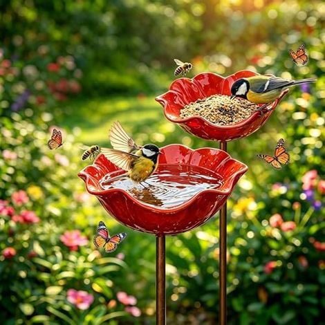 Lot 2 Mangeoires et Abreuvoirs Oiseaux, Métal Rouge, 20x64 cm, Tournesol, Jardin Balcon, Hiver, Déco (1/5)