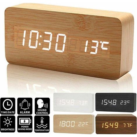 Orologio digitale a LED in legno con sveglia, ora, temperatura, calendario e porta USB - Colore legno di bambù (1/5)