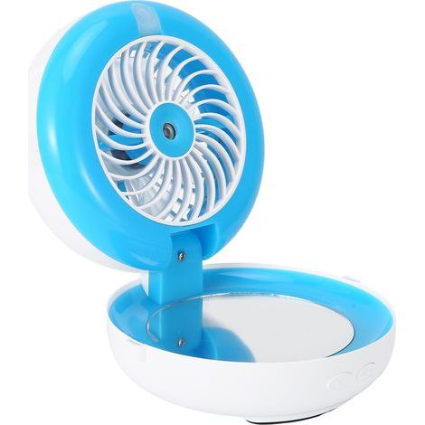 Multifunktionaler, faltbarer USB-Tischventilator mit Kosmetikspiegel und Luftbefeuchter, tragbar, leise Kühlung, blau (1/5)