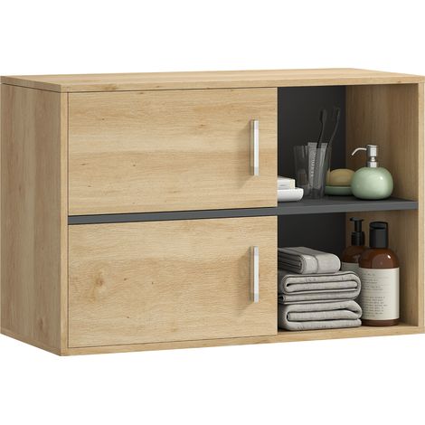 Meuble naturel 80x35x57,5 cm mural avec compartiments ouverts et 2 portes, rangement design sobre pour salle de bain pratique et décoratif