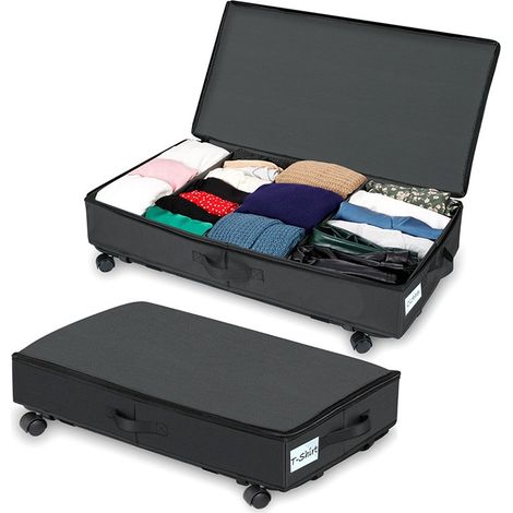 Coffre de rangement sous lit à roulettes, grande capacité, pliable, en tissu Oxford noir, avec poulie et housse en Oxford noir (2 pièces). (1/5)