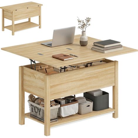Table basse relevable et extensible table de salon avec compartiment caché étagère ouverte 100x45x50,5cm bois naturel (1/5)