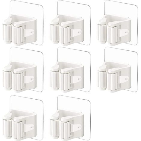 8 x White Adhesive Broom Holder Wall Mounted Broom Holder without Drilling Wall Sticker for Garage, Kitchen, Garden, Bathroom (1/5)