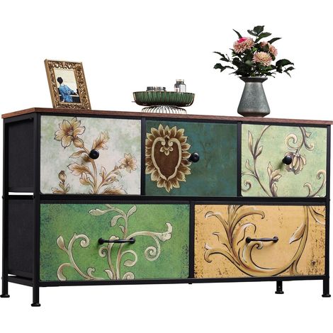 Commode 5 tiroirs, tiroirs tissu, cadre métallique, style rétro, 100x30x55 cm, meuble de rangement pour chambre et salon, Multicouleur (1/5)