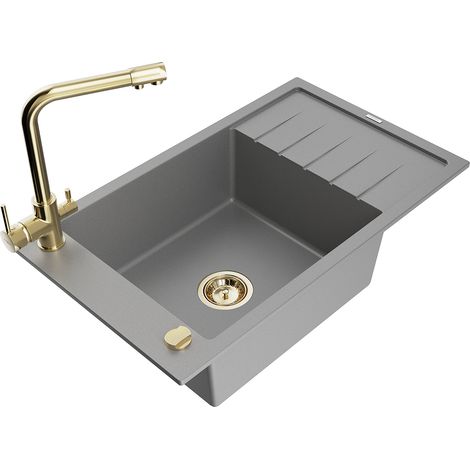 Mexen Elias fregadero de granito de 1 seno con escurridor y grifo de cocina Duero, gris - 6511-71-671600-50 (1/5)