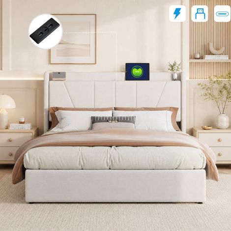 Lit Coffre 140x190 cm avec Rangement, Système Hydraulique, Cadre de Lit avec Sommier et Multiprise USB Tpye C, Lit Double 180x200 cm avec Tête de Lit Étagère, Lit 2 Personnes, Lin, Blanc (1/5)