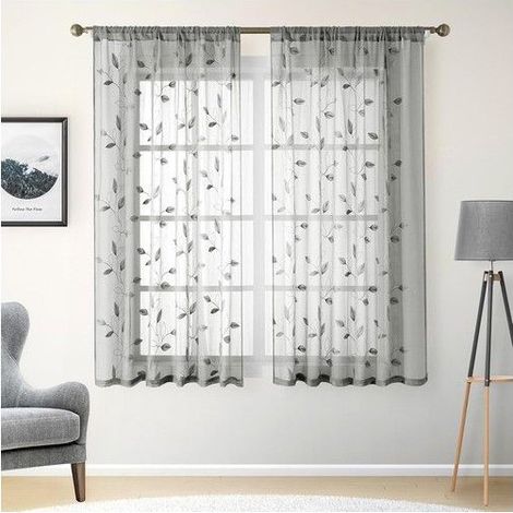 Rideaux de cuisine brodés - HOMEIDEAS - Gris clair - 132 x 137 cm - 2 panneaux - Motif feuilles brodées (1/5)
