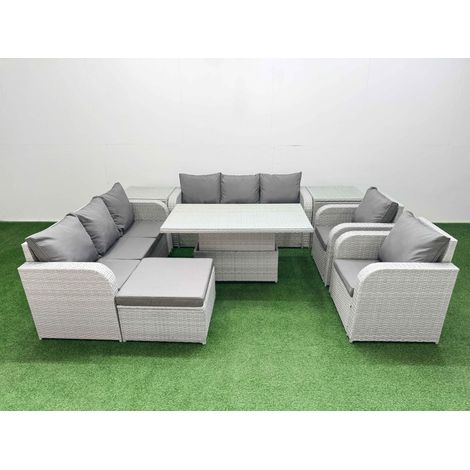 Fimous PE Rattan High Back Lounge Sofa Set Patio Adjustable Lifting Dining or Coffee Table & Chairs Set with 3 Seater Sofa Reclining Chair Big Footstool 2 Side Table Light Grey (1/5)