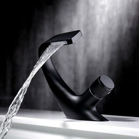 Aougo – Robinet simple de lavabo noir – Monotrou cascade en laiton – Économie d'eau – Filtre céramique anti-bruit – Installation facile (1/4)