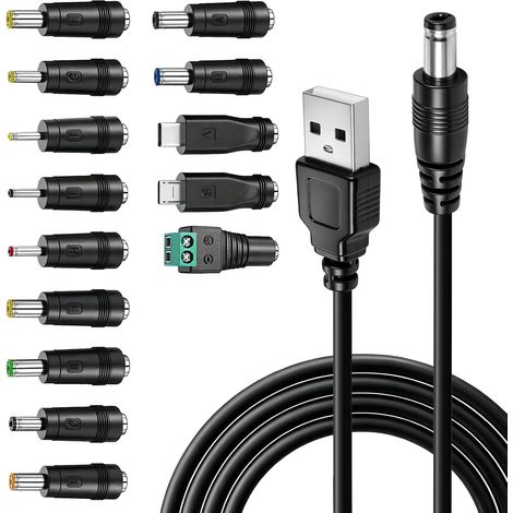 1M Universel Convertisseur Câble USB DC 5V, Câble d'Alimentation USB vers DC 5V avec 14 Connecteurs Adaptateur Jack 5.5x2.1 4.8x1.7 MicroUSB Type-C LED pour Routeur Caméra TV Box Bande Connecteur LED (1/5)
