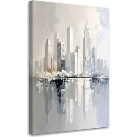 Quadro su tela, Panorama urbano astratto decorazione moderna nei colori beige e oro, 60x90 (1/5)