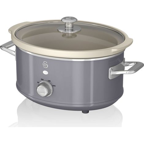 Swan Retro SF17021GRNEU Slow Cooker 3,5L Contenitore di Cottura Rimovibile, Ceramic Non-Stick PFOA & PTFE Free, 3 Livelli di Temperatura, Coperchio di Vetro, Design Vintage, Grigio, 200W