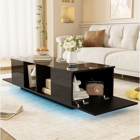 Table basse 120 x 50 x 38,5 cm noire avec LED et rangement, MDF, verre MEUBLIV (1/5)