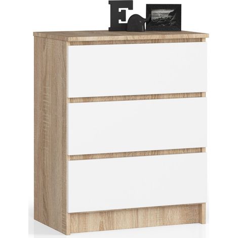 Commode enfant 3 tiroirs chêne sonoma 60 cm – Façade blanche – Dimensions 60x40x77 cm – Panneau stratifié – Abamihome