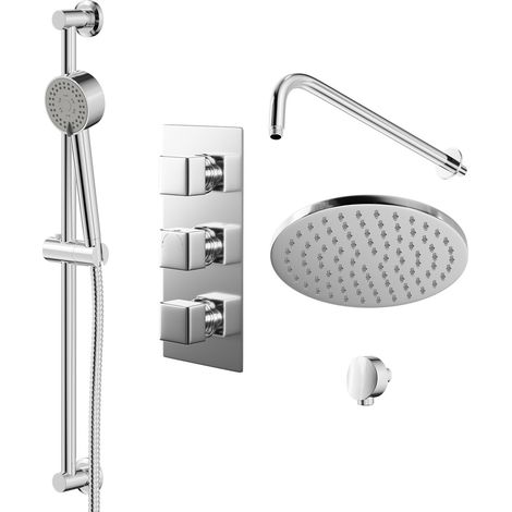 Cubix Polished Chrome Triple Thermostatic Valve Mixer Shower with Round Fixed Head and Tyne Shower Slide Rail Kit - 2 Outlet (1/5)
