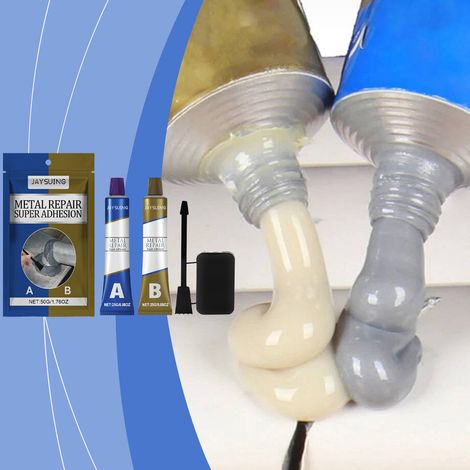 Adhésif de coulée pour sceller et réparer les pores, les piqûres, les fissures et les fuites - Adhésif AB pour métaux - 25 g de colle A + 25 g de colle B + 1 plateau mélangeur + 1 bâtonnet mélangeur - (1/5)