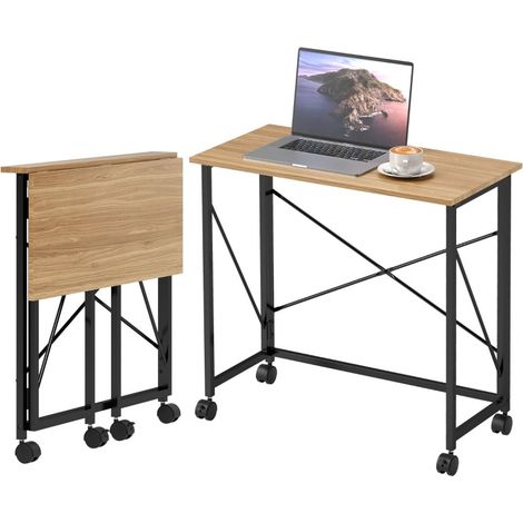 Bureau pliant compact avec roulettes, gain de place 80 cm, pour home office et petits espaces, structure métal et MDF - CHICFURN (1/5)