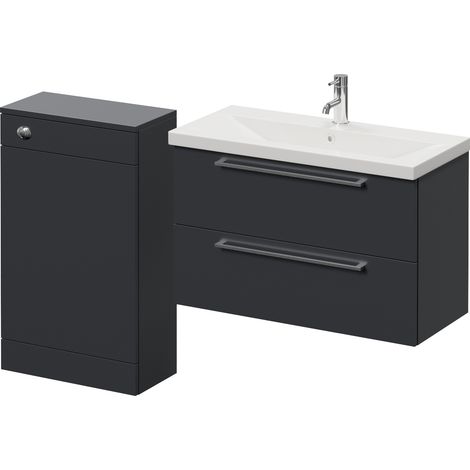 Napoli 390 Gloss Grey 1300mm Wall Mounted 2 Drawer Vanity Unit and Toilet Suite with Glide Basin - 1300mm - Chrome 480mm HandleWithout Kingston Toilet Pan