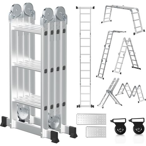 TolleTour Escalera transformable 7 en 1 de aluminio, 4x3 peldaños, aprox. 360 cm / 3,6 m, plegable, 2 plataformas + 2 ruedas, carga máxima 150 kg (1/5)