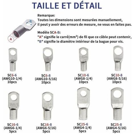 NALOOKAMIC  60 Pcs Cosses Électrique Trou Boulon En Cuivre Étamé Connecteurs Sc À Sertir/Souder Pour Câble De 6m㎡ 8m㎡ 10m㎡ 16m㎡ 25m㎡